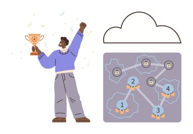 Kutlama için kaldırılmış koluyla kupa tutan adam, yıldız reytingli bulutlara bağlı bir ilerleme haritasının yanında duruyor. Başarı, başarı, gamifikasyon, hedef belirleme, ilerleme için ideal, çevrimiçi