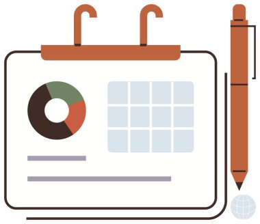 Planlama, veri görselleştirme ve üretkenliği temsil eden bir kalem ve ızgaranın yanında turta grafiği ve ızgara takvimi. Zaman yönetimi, analitik, takım çalışması, programlama, strateji toplantıları için ideal basit