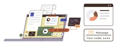 Multimedya dosyaları, kodlama parçacıkları, grafikler ve web geliştirme araçlarını gösteren dizüstü bilgisayar. Mesaj güvenliği ve analizi de içeriyor. Web tasarımı, kodlama, veri güvenliği, uygulama geliştirme işi için ideal