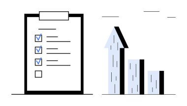 Yapılacaklar listesi olan pano ve görevlerin yanındaki işaretler, büyüme oku olan dikey çubuk grafiğinin yanında. Üretkenlik, hedef izleme, verimlilik, veri büyümesi, analiz, iş, basit iniş için ideal