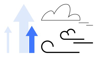 Mavi oklar yukarı doğru bulutun ve eğri hareket çizgilerinin yanına işaret ediyor. Başarı, büyüme, ilerleme, hareket, hırs, yenilik ve strateji için idealdir. Modern basit düz metafor