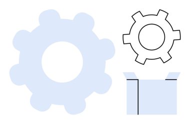 Geniş dişli simgesi daha küçük bir dişli ve yeniliği, süreç iyileştirmeyi ve imalat çözümlerini sembolize eden açık bir kutuyla eşleştirildi. Mühendislik, verimlilik, lojistik ve otomasyon için ideal.