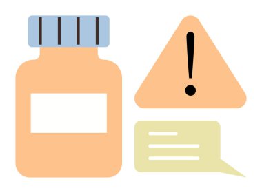 İlaç şişesi bir uyarı üçgeninin yanında ünlem işareti ve mesaj baloncuğu. Sağlık, güvenlik, alarmlar, tıbbi bakım, talimatlar, önlemler ve ilaç farkındalığı için ideal