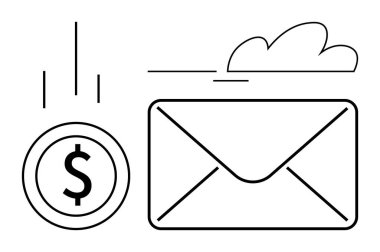 Dolarlık madeni para ve zarfın altında dinamik çizgiler, çevrimiçi finansal iletişim ya da ödemeler anlamına gelir. Bankacılık, e-ticaret, finans, işlemler, bulut hizmetleri, mesajlaşma ve dijital için ideal