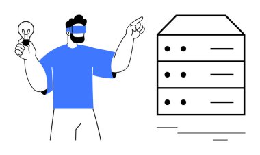 VR kulaklıklı bir adam elinde ampul tutarak veri sunucularını işaret ediyor. Teknoloji, yenilik, VR, veri depolama, yaratıcılık, gelecekçi kavramlar ve dijital dönüşüm için ideal. Basit düz