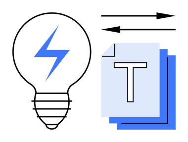 Yıldırımlı bir ampul, yazı stili belgeler ve akışı gösteren oklar. Yaratıcılık, fikirler, üretkenlik, iş akışı, yenilik, içerik oluşturma ve basit bir iniş sayfası için ideal