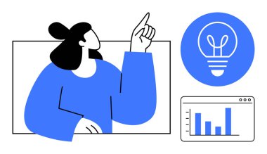 Parlayan bir ampul sembolü ve veri tablosuna doğru hareket eden bir kadın yaratıcılık ve analitiği birleştiriyor. Yenilik, beyin fırtınası, iş, teknoloji, eğitim, çözümler için ideal, basit