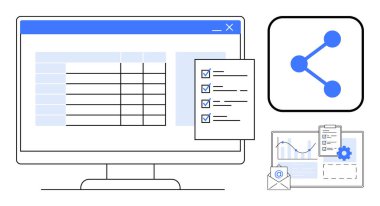 Bilgisayar ekranı veri tablosunu, kontrol listesini, paylaşım simgesini, analitik grafiğini ve belge görevlerini gösterir. Analiz, üretkenlik, işbirliği, veri paylaşım otomasyonu için ideal iş akışı basit