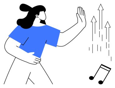 Artan odak ve verimliliği sembolize eden oklarla notaları kesmeye çalışan bir kadın. Temalar için ideal verimlilik, odaklanma, karar verme, kendini kontrol, farkındalık, öncelikler, basit