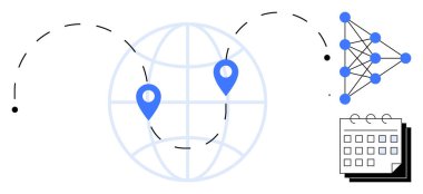 Konum lobutları, sinir ağı diyagramı, takvimi ve noktalı uçuş rotası olan bir dünya. Teknoloji için ideal, yapay zeka, veri bilimi, lojistik, yenilik küresel ağ planlama