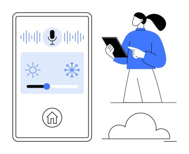 Sesle etkinleşen akıllı ev arayüzü, mikrofon, ışık ve sıcaklık kontrolleri ve tablet kullanan bir kullanıcı. Teknoloji, otomasyon, IOT, ev yönetimi, yenilik, modern yaşam için ideal