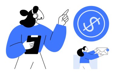 Müşteri hizmetleri görevlisi kulaklık takıyor, bir dolar işaretini işaret ediyor, elinde bir pano tutuyor. Finansal odaklı bir mesaj göndermek için görsel destek. Finans, destek ve iletişim için ideal