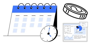 Takvim, saat, bozuk para ve analitik rapor zaman takibi, bütçe planlaması ve veri odaklı karar verme. Üretkenlik, finans, zaman yönetimi proje planlama stratejisi için ideal