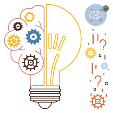 Bir tarafında dişliler, diğer tarafında ampul, soru işaretleri ve yaratıcılığı, fikirleri, odaklanmayı, problem çözmeyi, yeniliği sembolize eden hedef göz ikonu olan beyin anahatları. Beyin fırtınası için ideal.