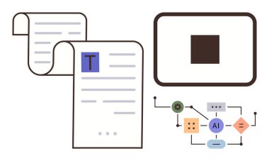 Vurgulanmış metin ve şematik yapay zeka akış şemasına sahip belgeler veri işleme ve organizasyonunu gösteriyor. Yapay zeka, otomasyon, iş akışı, verimlilik, dijital araçlar, bilgi sistemleri için ideal