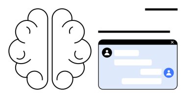 Sohbet penceresinin yanında mesajlar gösteren beyin hatları yapay zekayı, sohbet robotunun işlevselliğini ve dijital etkileşimi akla getiriyor. Yapay zeka, teknoloji, iletişim ve problem çözme için ideal