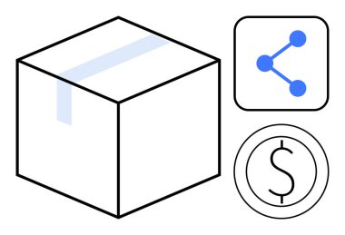 Paket kutusu, ağ paylaşım simgesi ve dolar sembolü. Lojistik, dağıtım, nakliyat, iş, finans, e-ticaret ve teknoloji kavramları için ideal. Basit iniş sayfası