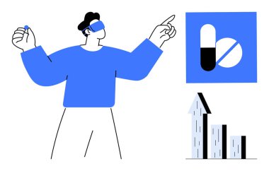 VR kulaklık takan kişi teknoloji, hap ikonları ve yükselen grafiklerle etkileşimde. Sağlık, teknoloji, yenilik, veri analizi, büyüme, sanal gerçeklik için ideal basit iniş sayfası
