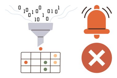 Filtreden geçen ikili veri, kategorize sonuçlar, alarm zili ve hata simgesi içeren tablo. Veri işleme, filtreleme, organizasyon, hata yönetimi için ideal, sorun yaratma uyarısı
