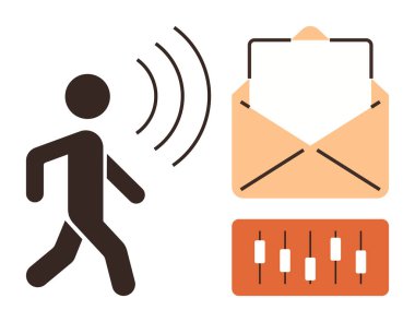 Ses dalgaları, mesaj iletimi için zarf ve ses ayarları için kaydırma kontrolleri gönderiliyor. İletişim, teknoloji, ses, mesajlaşma, arayüz, işbirliği için idealdir.