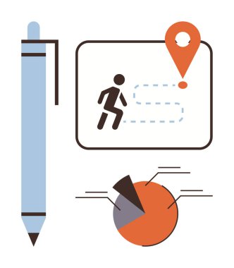 Kalem, çizilmiş patikanın yanında koşucu ve nokta ile birlikte turta grafiği segmentleri. Strateji, hedef belirleme, analiz, navigasyon, raporlama, görev planlama başarısı için idealdir. Basit düz