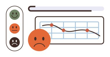Düşen bir grafiğin yanındaki üzgün surat, memnuniyet seviyesinin düştüğünü gösteriyor. Geri bildirim için yeşil, turuncu ve kırmızı gülen yüzler. Veri eğilimleri, anketler, raporlar, performans, analiz için ideal