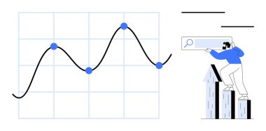 Değişen veri noktalarıyla grafikler ve arama çubuğunda duran bir adam. Analiz, büyüme, performans, strateji, araştırma, optimizasyon ve başarı anlayışı için ideal. Basit düz