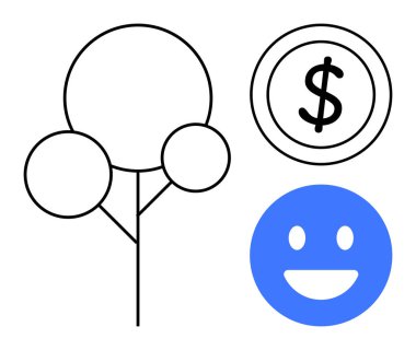 Büyümeyi simgeleyen minimalist ağaç zenginliği simgeleyen dolar işareti olan bozuk para ve mutluluğu simgeleyen gülen yüz. Sürdürülebilirlik, finans, pozitiflik, iş, ekoloji, ekonomi için ideal basit iniş sayfası