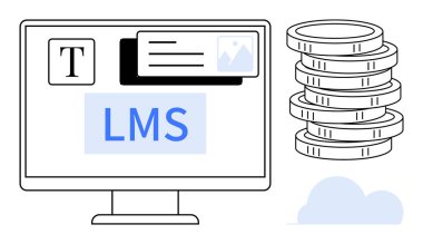 Desktop monitor displaying LMS interface, document, and image tools, next to coin stacks and cloud graphic. Ideal for e-learning, fintech, cloud service, education, finance data storage simple flat clipart svg vector 