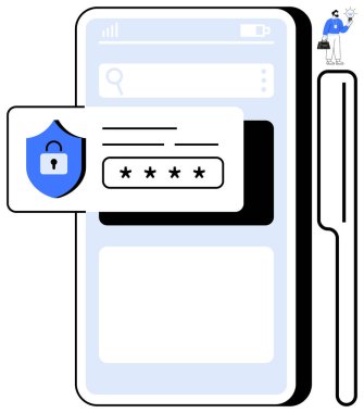 Parola girdisi ve kalkan simgesi ile giriş arayüzü gösteren akıllı telefon ekranı. Küçük figür güvenliği simgeler. Teknoloji, güvenlik, mobil uygulamalar, veri koruması, mahremiyet, kullanıcı girişi için ideal