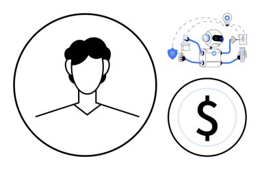 Soyut erkek avatarı, verileri analiz eden yapay zeka robotu ve teknoloji, finans ve güvenlik temalarını taşıyan para birimi sembolü. Veri gizliliği, fintech, otomasyon, siber güvenlik dijital kimlik için ideal