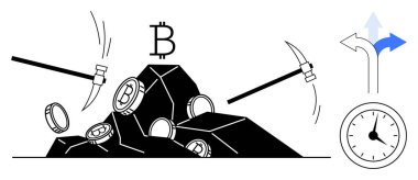 Kazmalı ve paralı bitcoin madenciliği. Saat ve farklılaşan oklar, kripto para ticaretinde karar verme mekanizmasını, zamanı ve çabayı vurgular. Finans, engelleme zinciri ve yatırım için ideal