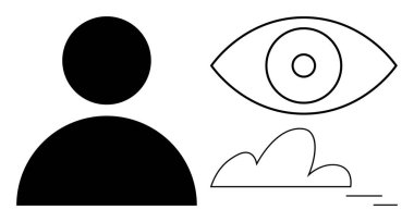 Göz, bulut ve çizgi elementlerinin yanında siyah bir siluet. Konseptler için ideal görüş, gözlem, farkındalık, farkındalık, bireysellik yaratıcılığı ve basitliği gösterir. A