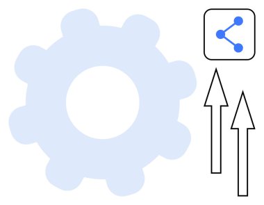 Üretkenliği sembolize eden dişli, büyümeyi gösteren oklar ve ağı temsil eden bağlantı ikonu. Takım çalışması, yenilik, ilerleme, verimlilik, işbirliği, sosyal medya sade iniş için ideal