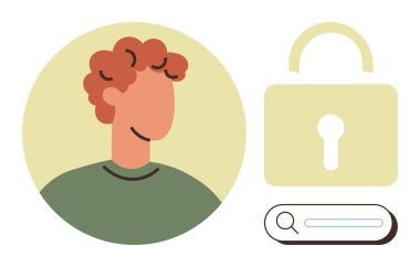 Profil avatarı ve kilit simgesi arama çubuğunun yanında kullanıcı gizliliği, hesap güvenliği ve veri koruması sağlar. Kimlik erişimi, teknoloji, siber güvenlik, gizlilik, kimlik doğrulama, erişim için ideal