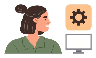 Profilinde yeşil tişörtlü bir kadın ayarlama dişlisi ikonu ve bilgisayar ekranının yanında. Teknoloji, geliştirme, programlama, yenilik, eğitim, beyin fırtınası için ideal, basit düz metafor