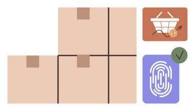 Depo düzeneğine istiflenmiş karton kutular, e-ticaret eğilimlerini gösteren büyüme grafiği, biyometrik parmak izi ve yeşil çeki gösteren sepet. Lojistik, güvenlik, teknoloji ve e-ticaret için ideal