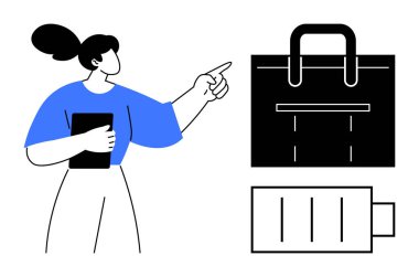 Elinde tablet tutan bir kadın evrak çantası ve aküyü işaret ederek iş, iş, enerji ve verimliliği gözünde canlandırıyor. İş için ideal, motivasyon stratejisi planlaması kariyer güçlendirme. Basit düz