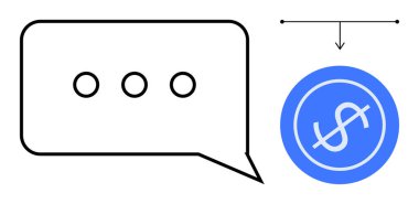 Dolar işareti ikonuna bağlı üç noktalı sohbet balonu, finansal iletişim, maliyet, para transferi, pazarlama, müşteri desteği, ticaret ve teknoloji öneriyor. Basit bir düz metafor.