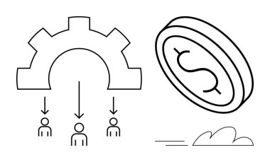 Kaynakları oklu üç kişiye aktarıyor. Servet ve hareketi simgeleyen uçan bir para. Takım çalışması, ekonomi, büyüme, verimlilik, kaynak tahsisi, zenginlik dağılımı için ideal