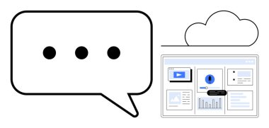 Grafikleri, videosu ve veri özetleri olan dijital bir gösterge panelinin yanında elipsi olan konuşma balonu. İletişim, bulut hesaplama, takım çalışması, analitik, veri paylaşımı, mesajlaşma için ideal