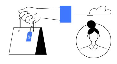 Üstünde indirim etiketi olan el çantası ve daire şeklinde bir kadın profili var. Perakende, pazarlama, satış, promosyon, reklam, müşteri çevrimiçi alışveriş için ideal. Basit.