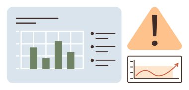 Bar tablosu, yükselen verileri gösteren eğilim grafiği, riskler için ünlem uyarı simgesi. Analiz, raporlar, sunumlar, risk yönetimi, strateji finans karar verme süreci için idealdir. Basit düz metafor