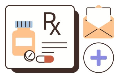Reçete etiketi, ilaç şişesi, tabletler, kapsül, zarf ve sağlık haçı. Eczane, tıbbi hizmetler, teletıp, sağlık hizmetleri, sağlık hizmetleri, iletişim ilaçları yönetimi, sağlık eğitimi için ideal
