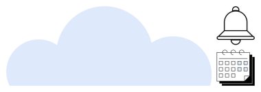 Takvim sayfalarına bağlı büyük mavi bulut ve dijital depolama, olay yönetimi ve bildirim araçlarını gösteren bir çan. Üretkenlik, zamanlama, planlama, organizasyon, alarm için ideal