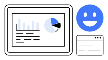 Bar grafiği ve pasta grafiği olan tablet ekran, mavi gülen yüz simgesi, küçük tarayıcı. Analiz, veri kullanımı, kullanıcı geribildirimi, teknoloji arayüzü, iş ölçümleri, çevrimiçi araçlar için ideal basit iniş sayfası