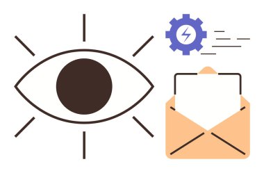 Büyük bir göz sembolü, açık bir zarf, yıldırımlı teçhizat. Mesajlaşma, vizyon, teknoloji, takım çalışması, odaklanma inovasyon şeffaflığı için ideal. Temiz, düz metafor