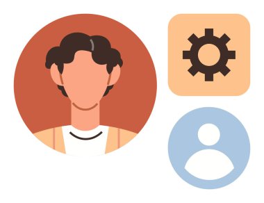 Çemberin içindeki soyut insan avatarı, ayarlar için dişli simgesi ve profiller için kullanıcı simgesi. Hesap yönetimi, tercihler, kişiselleştirme, seçenekler, kullanıcı arayüzü kimliği için ideal. Temiz daire