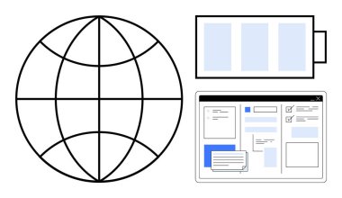 Küre küresel iletişimi temsil ediyor, tablet dijital etkileşimi vurguluyor ve pil gücü simgeliyor. Teknoloji için ideal, küresel erişim, dijital arayüz, çevrimiçi strateji, web geliştirme