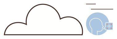 Ses profili ve dalga desenli bulutlar konuşma verilerini gösteriyor. Teknoloji, iletişim, yapay zeka, ses tanıma, bulut hesaplama, veri transferi, fütüristik teknoloji için ideal. Basit düz